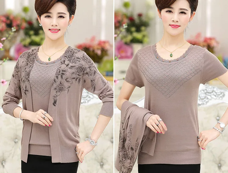 Jumper Sweater Women Plus Size Long Sleeved clothing 2018 Middle-Aged Autumn Cardigan two piece knitted sueter mujer SC605 |