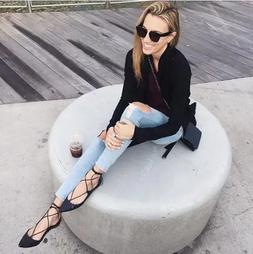 2016 Новый Острым Носом Балетки Сексуальная Сплошной Черный Лодыжки Ремень Мягкие