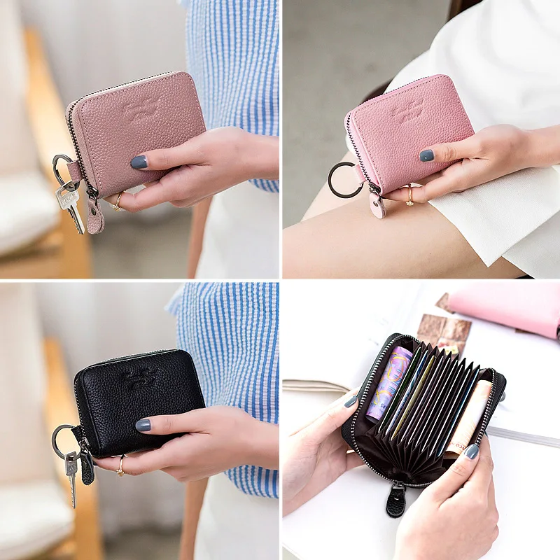 LAUWOO Genuine Leather Women Card Holder Wallet Credit slots wallets with key rings Female Coin Purses Shor Purse ANS | Багаж и сумки