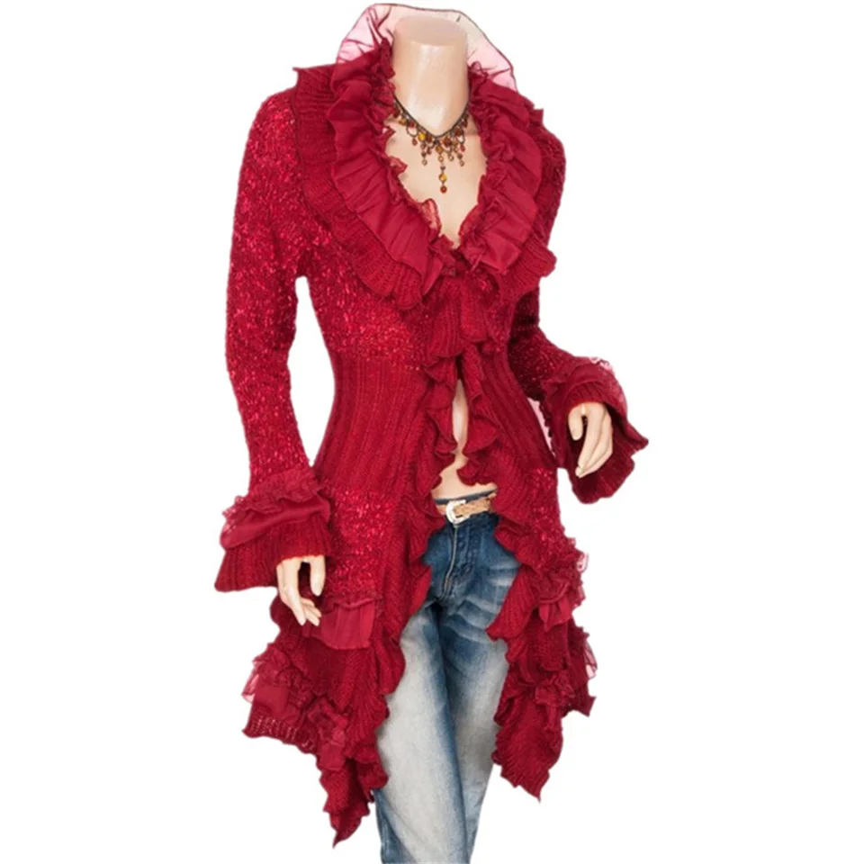 Женский свитер с воланами, кардиган для женщин, длинный, новинка, весна-осень, модный, для девушек, милый, длинный, вязанный, кардиган с оборками, женский, OK407