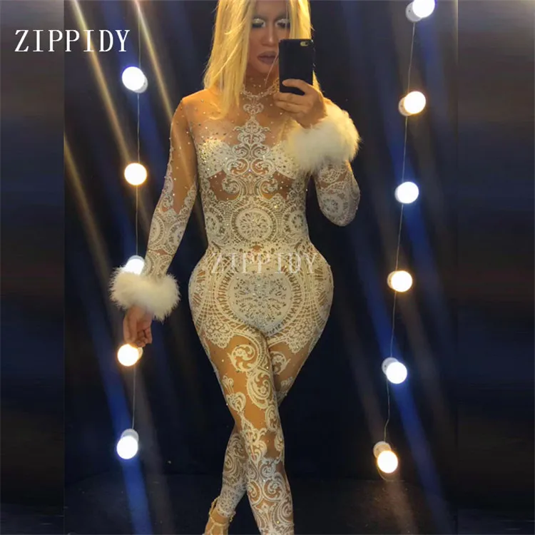 Sexy White Lace Glisten Stones Rhinestones Jumpsuit  Party Celebrate Bar Female Singer Rompers Stage Costume Stretch Nude Outfit