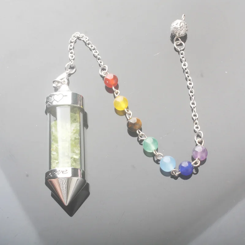 Peridot 15X55 мм Турмалин аметисты цитрины розовый кварц камень цепочка с кулоном в виде конуса дюбинг целебная чакра Шестигранный Маятник с цепью 1 шт - Окраска металла: Peridot