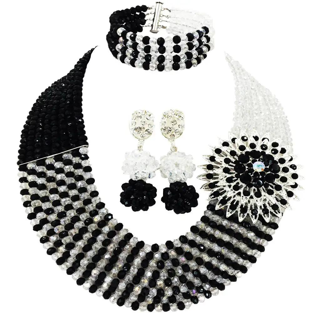

Fashion Black Transparent Clear AB Nigerian Wedding African Beads Jewelry Set Crystal Necklace Party Jewelry Gifts 8JBK05