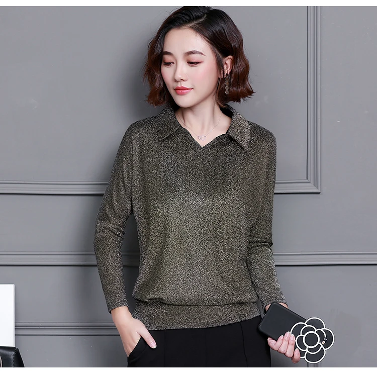 Blusas Mujer De Moda, корейский стиль, блестящий люрекс, Женские топы и блузки размера плюс, длинный рукав, блуза с блестками, уличная одежда, рубашки
