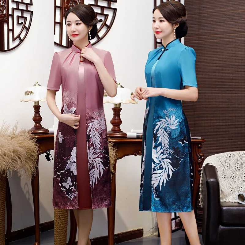 Традиционное китайское платье тонкое длинное платье Чонсам для мамы Qipao летнее винтажное платье с цветами восточное платье