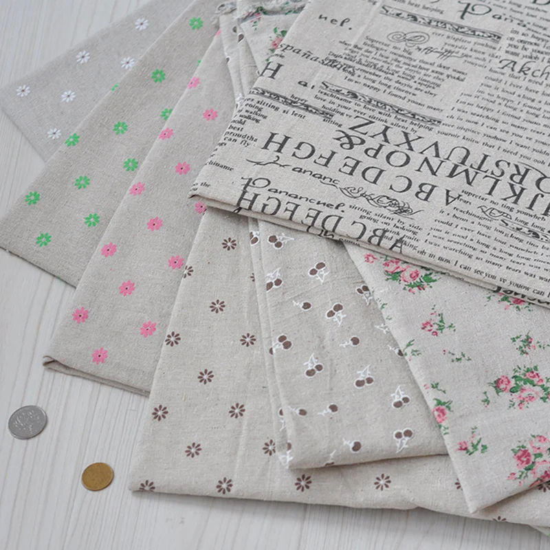 7pieces natural linen fabric square DIY craft 50cm*50cm/piece daisy/cherry/newspaper/rose design free shipping B2017999|linen fabric|natural
