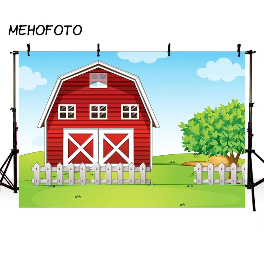 MEHOFOTO ферма День рождения баннер фон красный сарай зеленая трава мультфильм