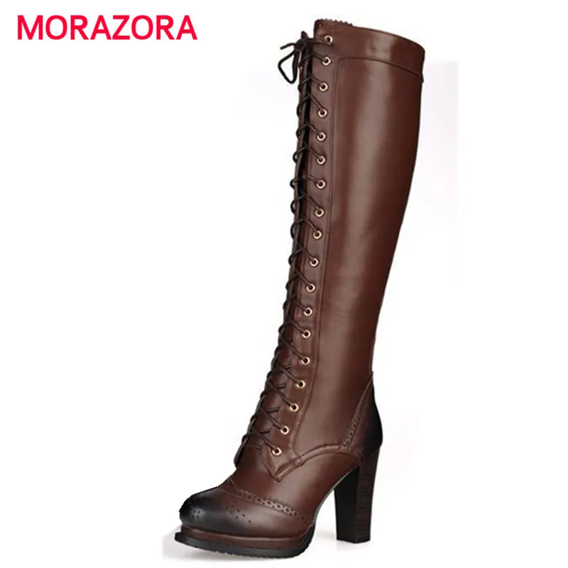 MORAZORA/2020 г. Новые модные зимние сапоги из натуральной кожи на шнуровке женские до