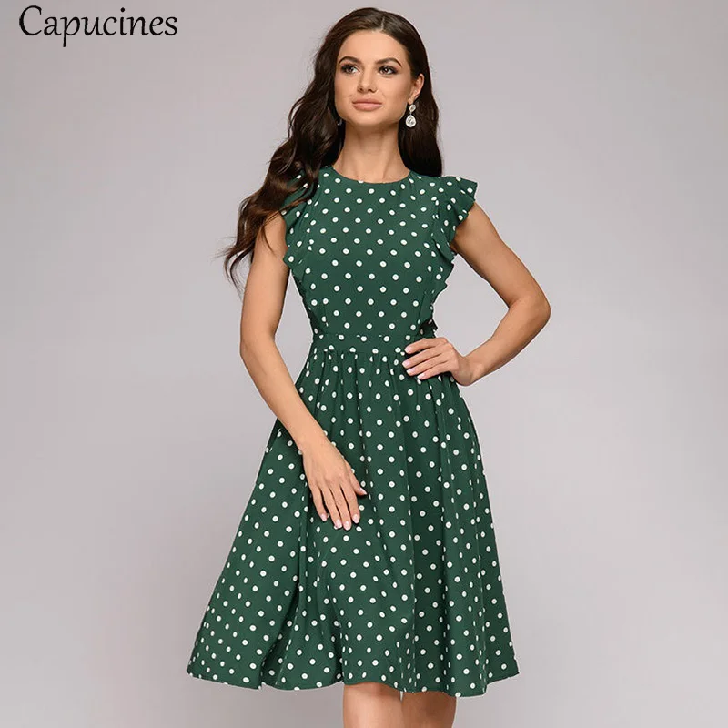 Green Capucines Summer Boho Floral Print Ruffle Trim A-Line Dress Women Cap Sleeve O-Neck Casual Dress Ladies Office Work Wear - Цвет: Green