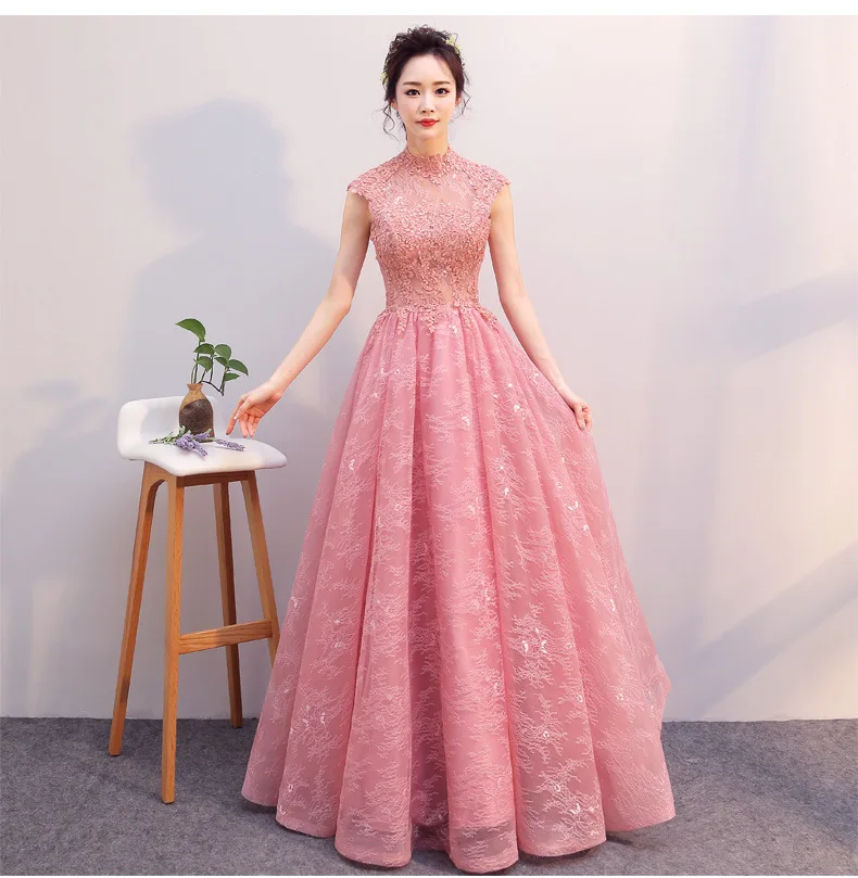Vestido madrinha new lace high neck cap sleeves open A Line blush pink bridesmaid dress long robe demoiselle honneur plus size