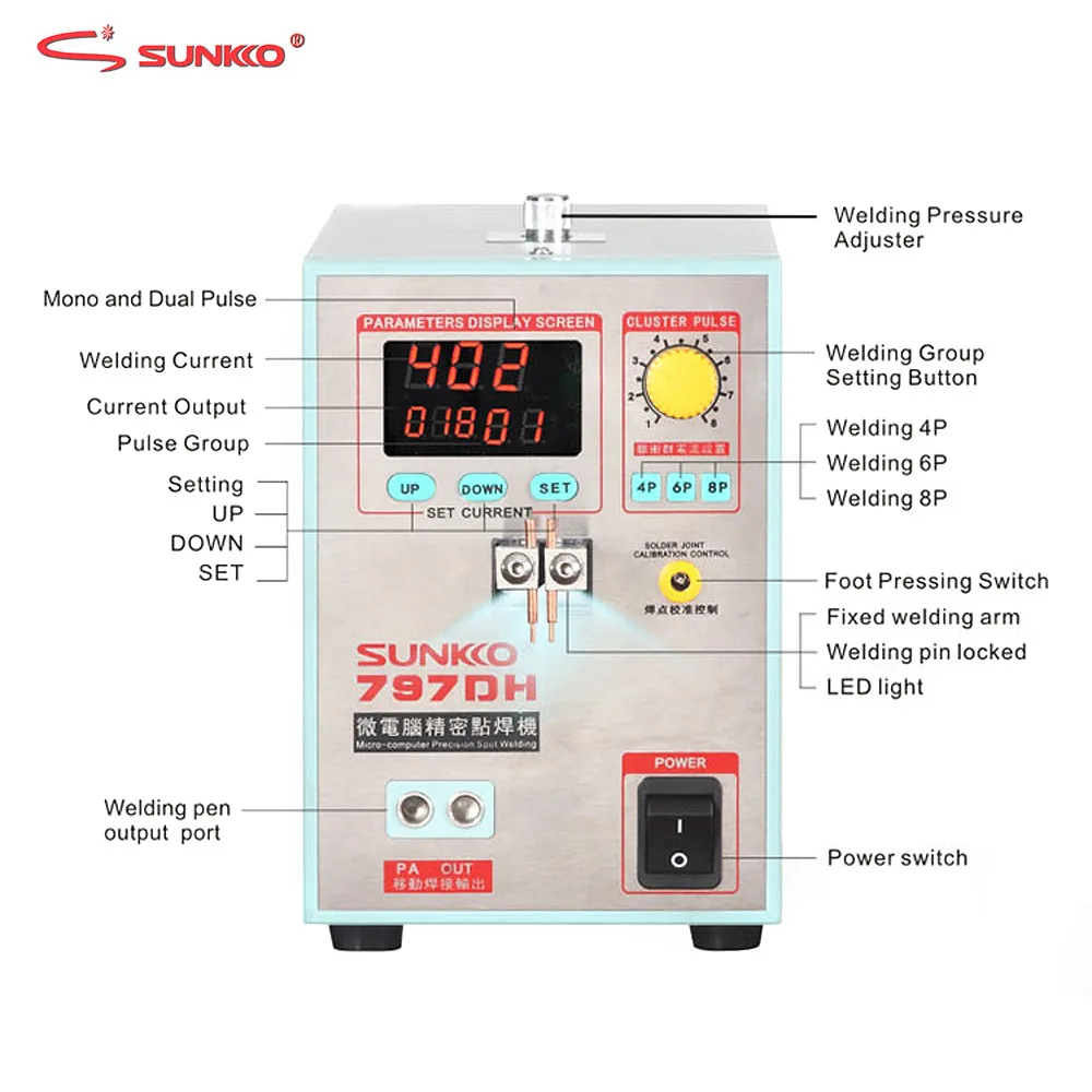 SUNKKO 797DH аккумуляторная машина для точечной сварки 3.8KW Высокая мощность сварки толщина до 0,35 мм импульсный точечный сварочный агрегат с 70B сварочной ручкой