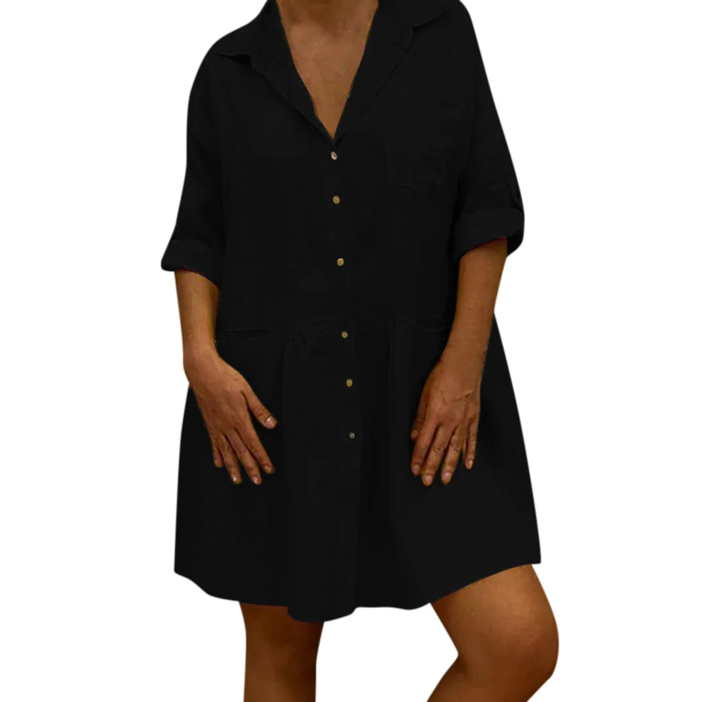 Летнее платье женское повседневное однотонное богемное с отложным воротником на