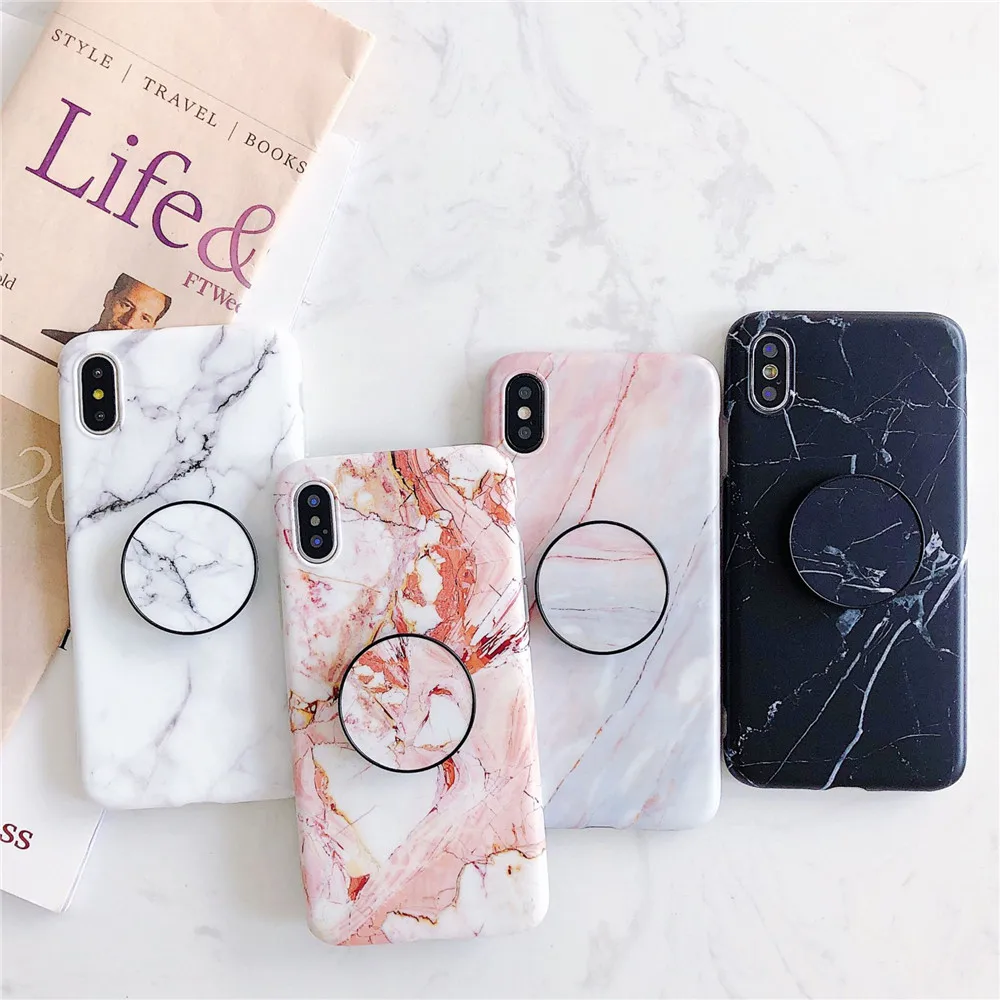 Мягкий чехол с мраморным рисунком и подставкой для iPhone 6 6S 7 Plus Чехол-держатель