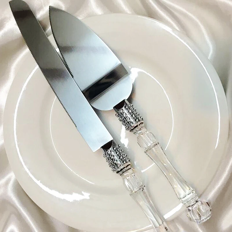 

2pcs Wedding Cake Knife Spatula set Acrylic Drill handle Cake Shovel Birthday Party Decoration Cake Knives Server Pizza Dessert