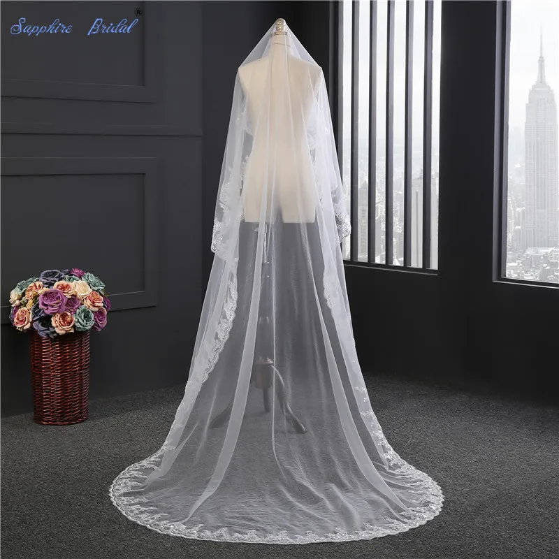 

Sapphire Bridal 2020 New Arrival Long Cathedral Veil duvak voile de mariee Single layer Lace Edge Wedding Veil For Brides
