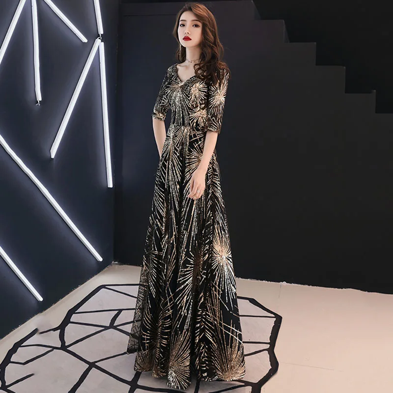 Женское вечернее платье черное золотое с блестками и коротким рукавом | Женская