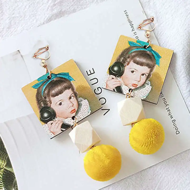 JIOFREE Новые корейские геометрические деревянные длинные серьги-клипсы ручной работы для женщин, модные ювелирные аксессуары для пирсинга