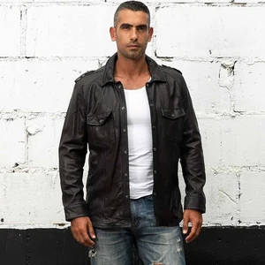 Мужская Байкерская кожаная куртка, черная, со складками, из натуральной овечьей кожи, обтягивающая, 2017