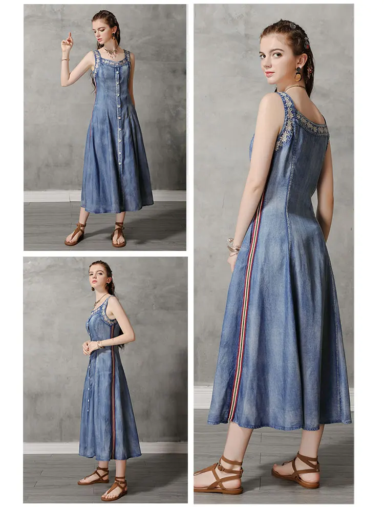 Летнее платье Yuzi. may Boho новые джинсовые женские платья с квадратным воротником без рукавов однобортные женские платья A82172 Vestido
