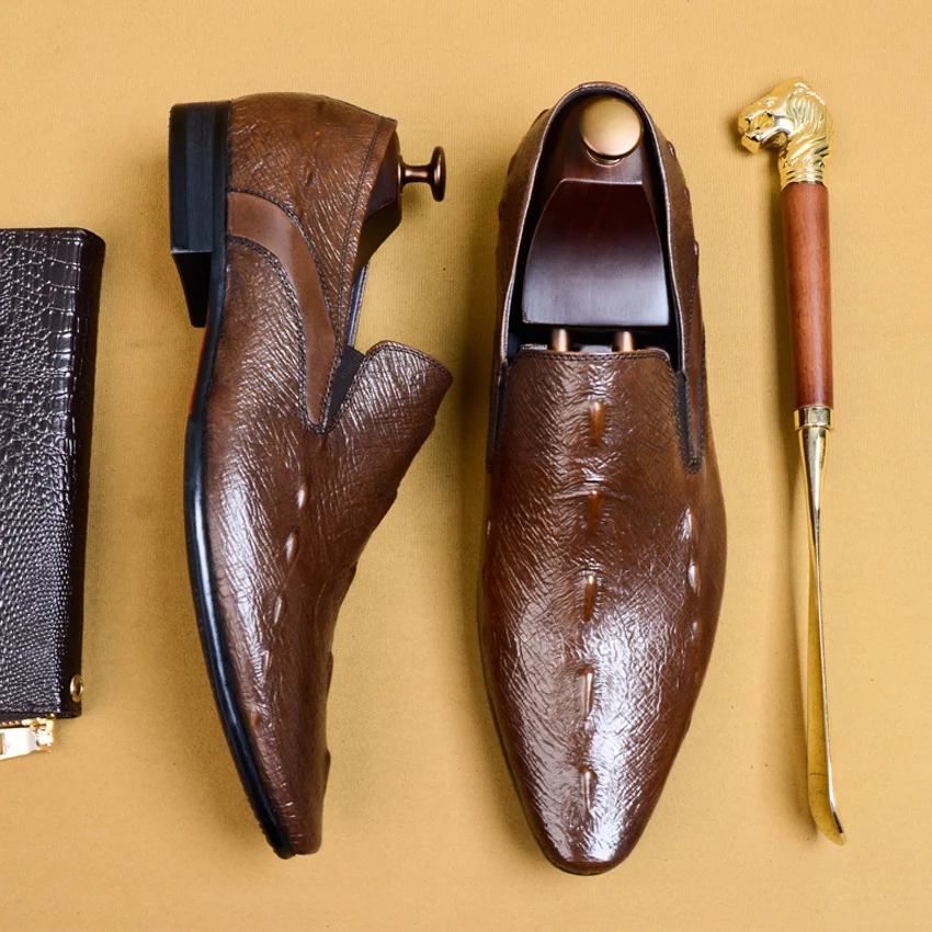 

Italian Designer Genuine Leather Formal Men's Dress Shoes Pointed Toe Slip on Alligator Pattern Casual Loafers For Male AS168