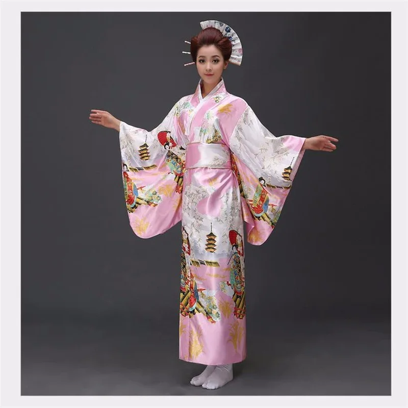 

Fashionable Women Floral Kimono Sexy Romantic Yukata With Obi Vintage Party Dress Japanese Cosplay Costume One Size