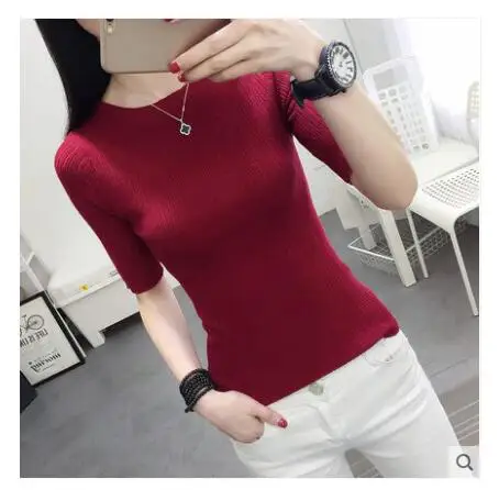 OHCLOTHINGnew style2019, короткий рукав, хлопок, круглый вырез, свитер, Женский рукав, голова, рукав, рубашка, пять, Одноцветный, плотный свитер, тонкий, ремонт - Цвет: Wine red