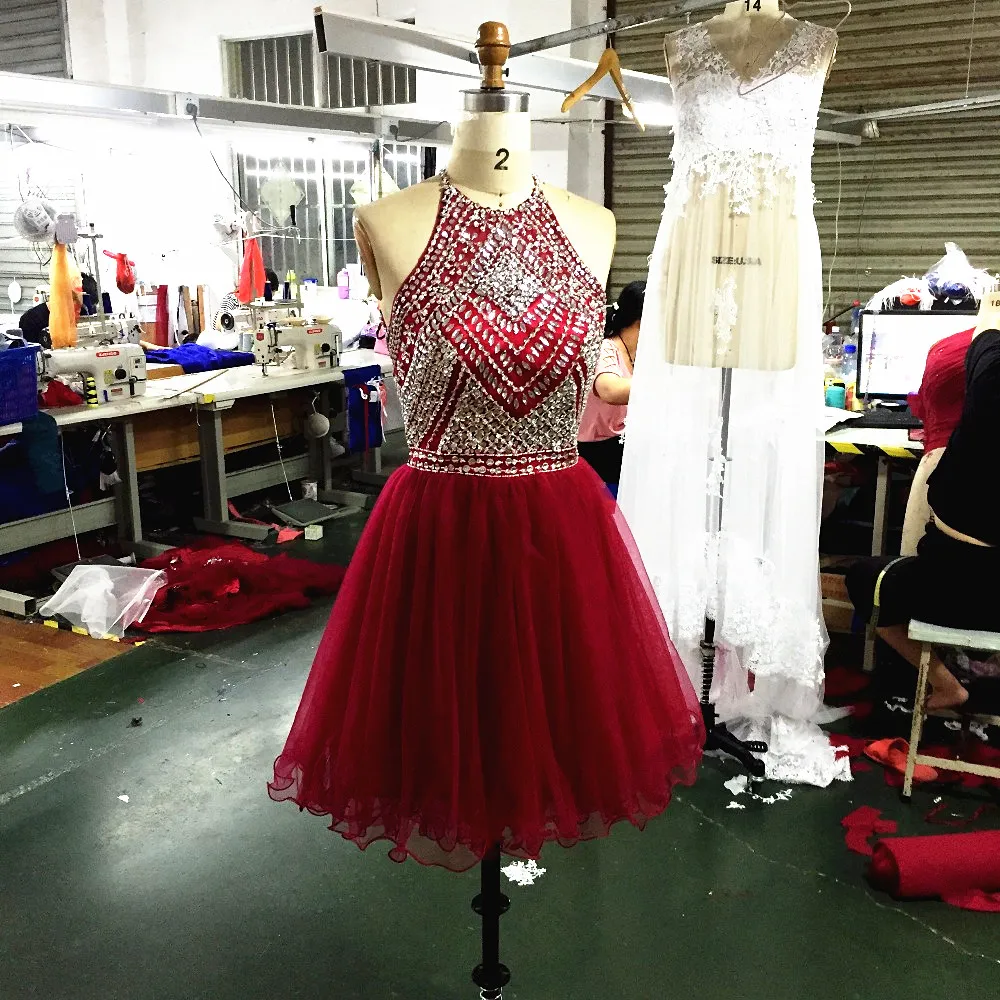 

Sequined Beading Halter Prom Dresses 2020 Backless Spaghetti straps Knee Length Formal Evening Party Gowns Homecoming Dress