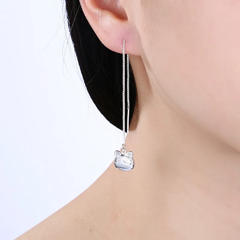 Модные милые серьги-подвески с головой кота серебристого цвета длинной цепочкой