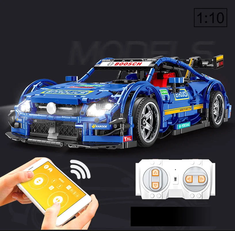 Yuxing assembled building blocks electric remote control blue sports car children enlightenment free DIY spell plug toy
