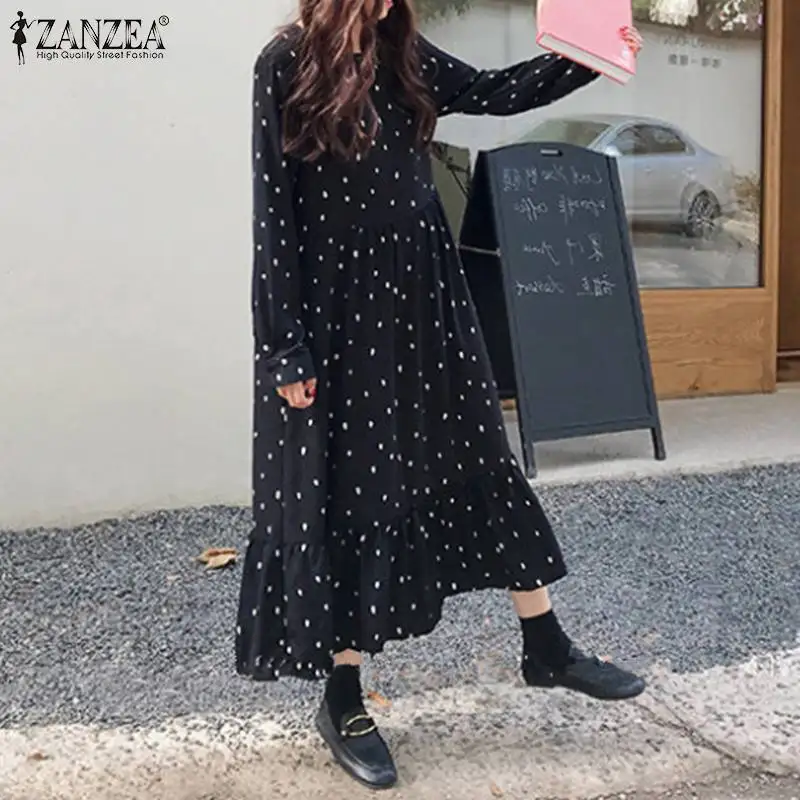 ZANZEA, Осеннее женское платье, макси, длинное, Vestidos, богемный, в горошек, с оборками, подол, летний сарафан, пляжное платье, Femme, Длинные рубашки
