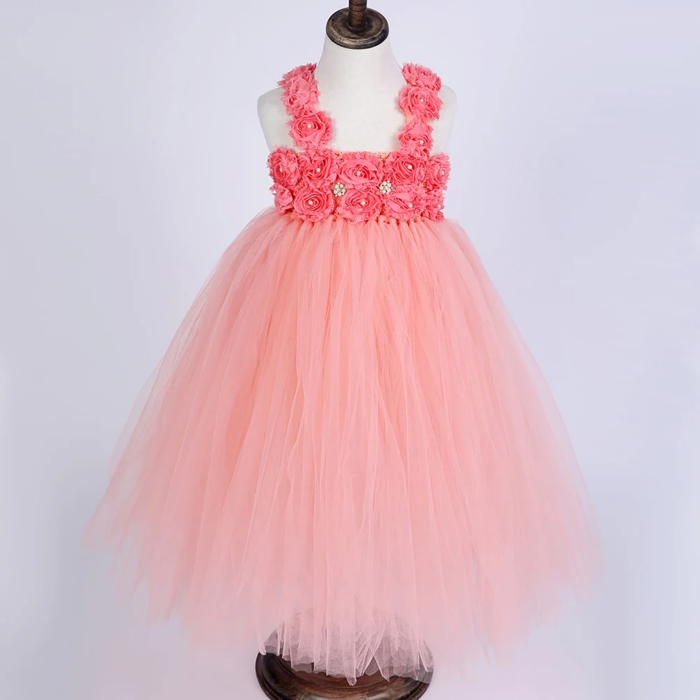 Peach Color Children Girls Flower Tutu Dress Princess Tulle Girl Dresses Kids Party Pageant Wedding Ball Gown | Детская одежда и