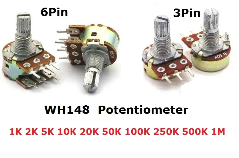 Потенциометр WH148, 3 контакта, 6 контактов, B1K, B2K, B5K, B10K, B20K, B50K, B100K, B250K, B500K, B1M, двойной стерео усилитель вала 1/2/5/10/K 15 мм, 5 шт.