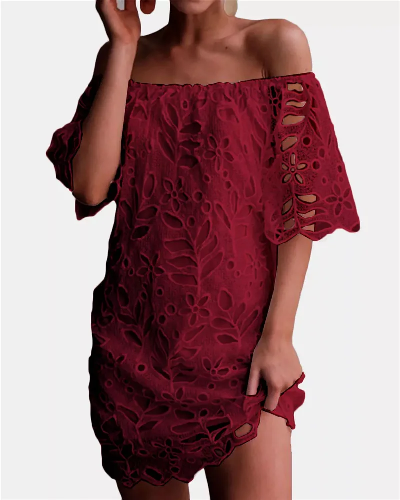 wine red Белое кружевное платье с открытыми плечами мини женское летнее Jurk Vestido Banco черное платье сексуальное Sukienki платье без бретелек - Цвет: wine red