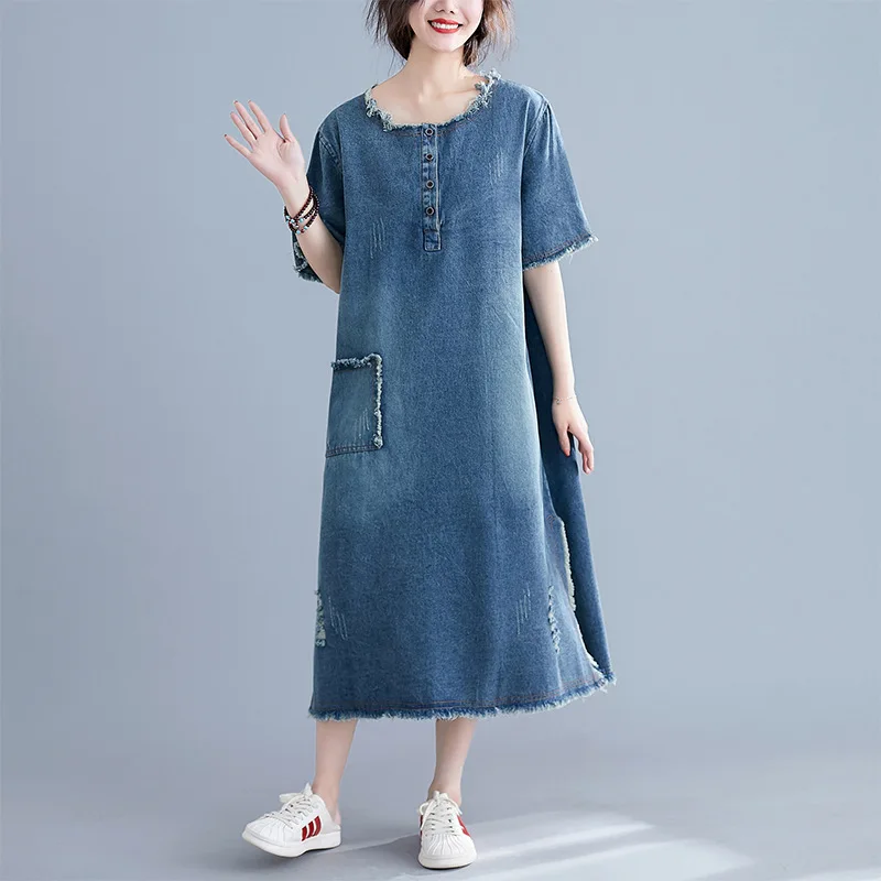 Летние свободные платья Женская одежда 2019 длинные джинсовые с коротким рукавом