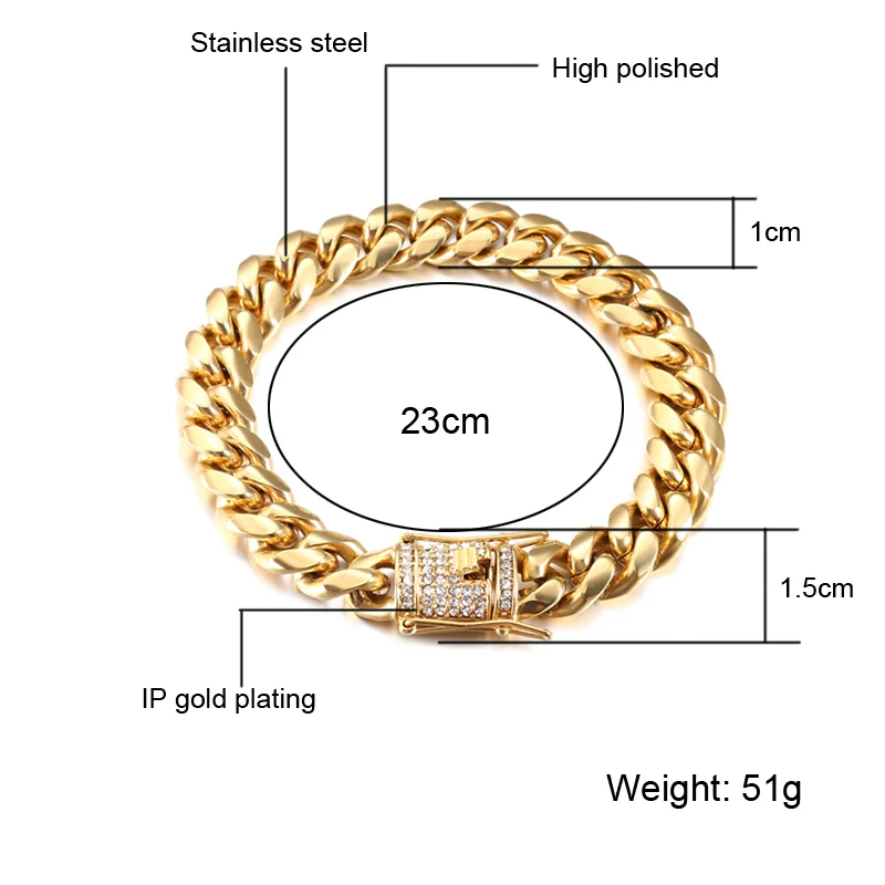 10mm 23cm Хип-хоп, Мужская цепочка, рок браслет, Bling Iced Out, стразы, застежка, золотой цвет, нержавеющая сталь, кубинская цепочка, браслеты, ювелирные изделия - Окраска металла: 10mm 23cm