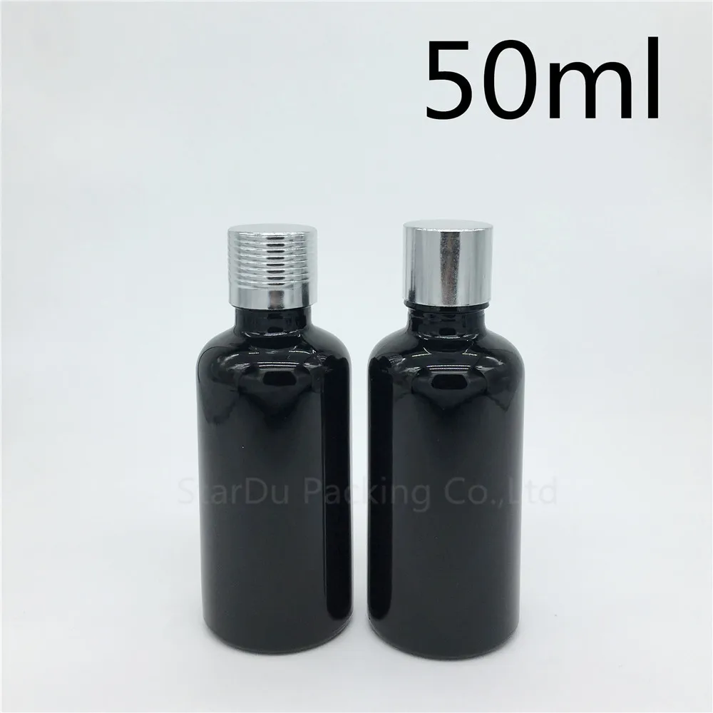 

Free Shipping 500pcs 50ML Black Glass Bottle Serum container 50cc Essential Oil Bottle with silvery screw cap Perfume bottle