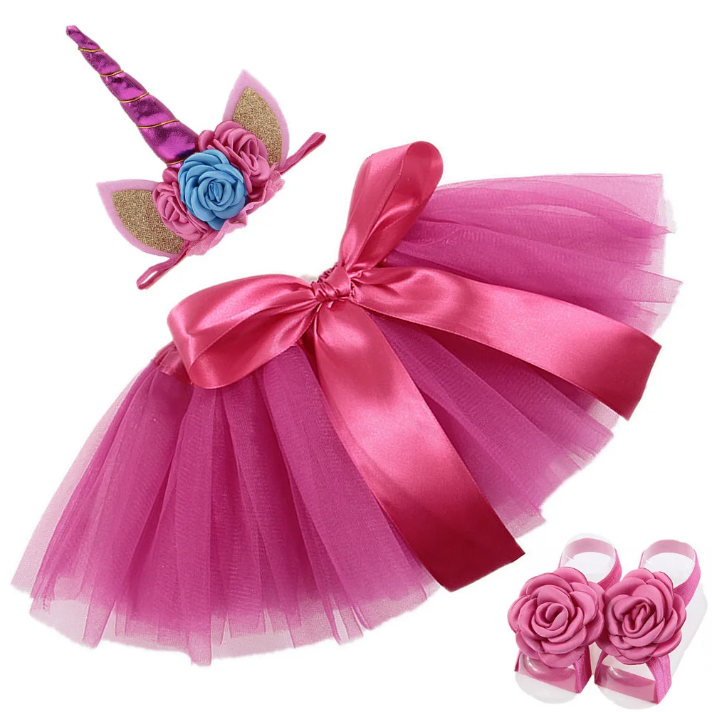 

Princess Girl Brithday Tutu Skirt Newborn Baby Unicorn Tutu+Headband+foot flower Set Easter Baby Tulle Skirt Costume 3 PCS