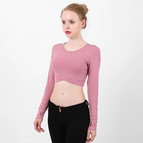 pink Женский укороченный Топ с длинным рукавом для йоги, Спортивная футболка с отверстиями для большого пальца, футболка для тренировки спереди, футболка для бега, осенняя спортивная одежда - Цвет: pink