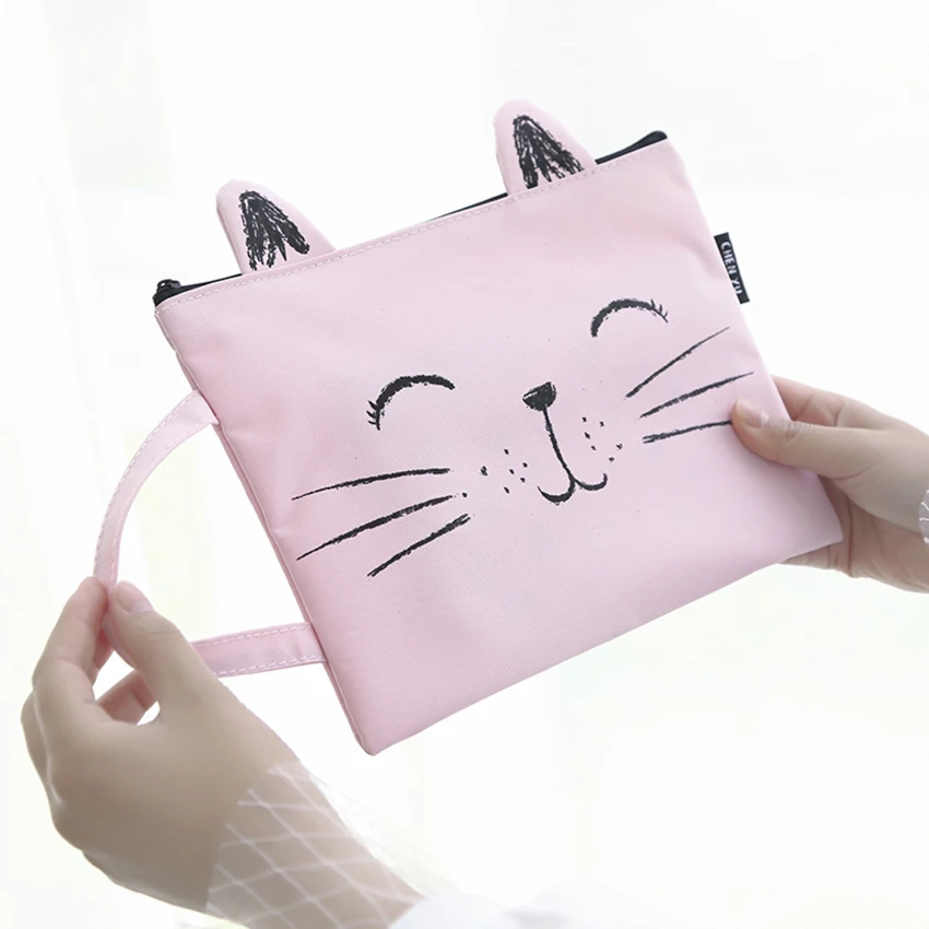 

Cute Kitten Shape Canvas Handbag A4 Paper Holder File Folder Zipper Bag Cartoon School Office Supplies Data Document Storage