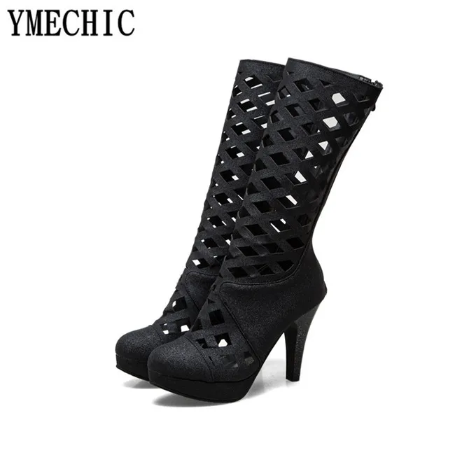 YMECHIC/золотистые серебристые фиолетовые черные сандалии-гладиаторы до колена