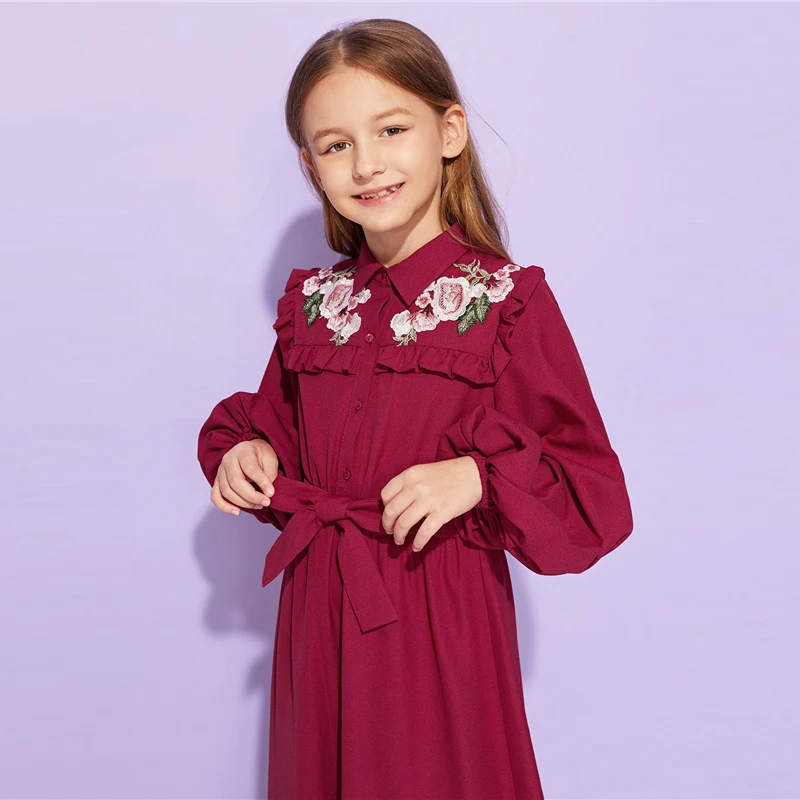 SHEIN/милое Бордовое платье с оборкой и поясом для девочек; детская одежда; коллекция года; весеннее повседневное длинное платье трапециевидной формы с длинными рукавами и пуговицами