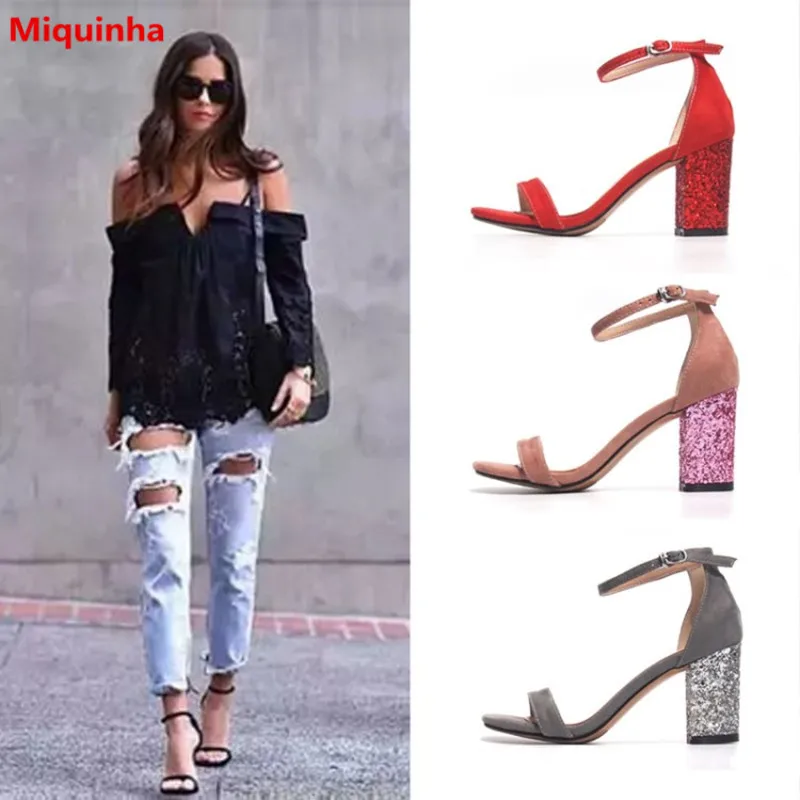 Miquinha Красный Bling толстый каблук с открытым носком Туфли ремешком и пряжкой sandalias