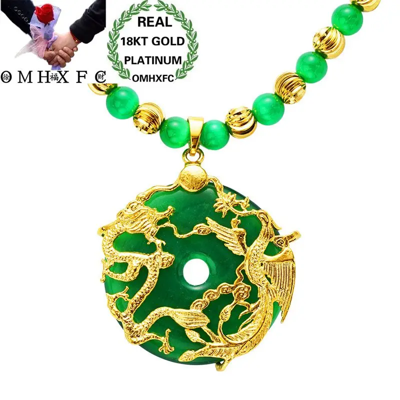 

MHXFC Wholesale European Fashion Man Male Party Wedding Gift Dragon Phoenix Green Opal Real 18KT Gold Pendant Necklace NL159