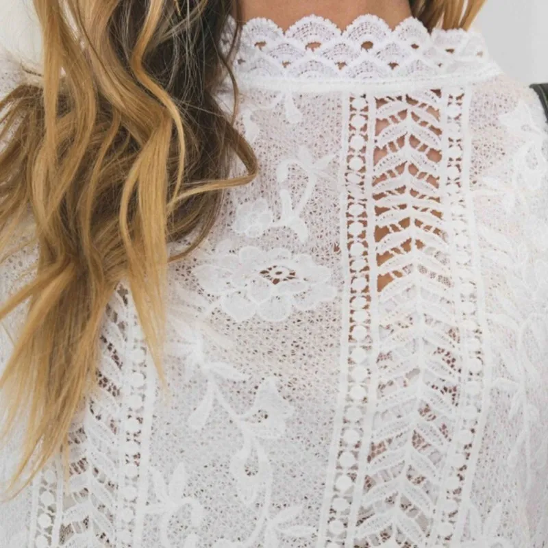 

Women Blouse Lace Long Bell Sleeve Round Collar Tops Perspective Sweet Solid Color Chiffon Blouse Fashion Hot Femme Blouses