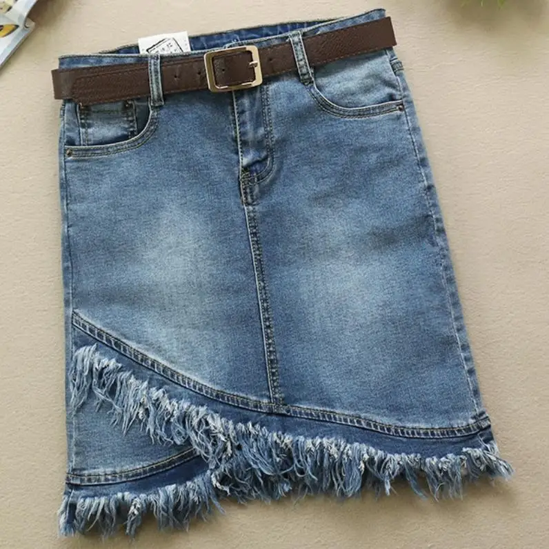 

new denim skirt women spring and summer high waist slim tassel irregular elastic package hip a-line jeans skirt