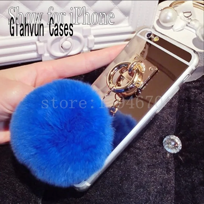 Зеркальный чехол мягкий пушистый теплый помпон с искусственным кроличьим мехом