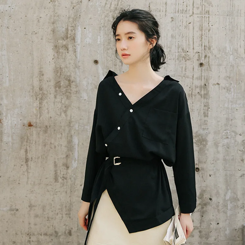 Блузка женская с V образным вырезом Свободный Топ длинным рукавом шифоновая