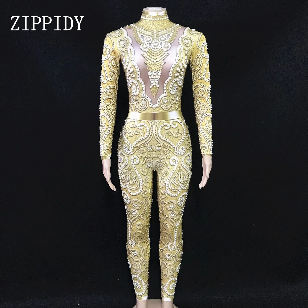 Fashion Rhinestones Pearls Jumpsuit long Sleeves Big Stretch Sexy Bodysuit Stage Performance Party Celebrate Nightlcub outfit