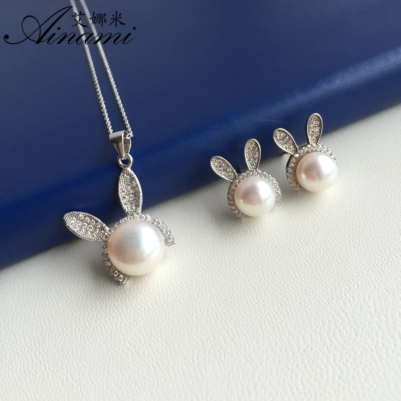 [Ainami] Rabbit Earrings 7-7.5mm Natural Freshwater Pearl Studs 925 Sterling Silver Brand Jewelry Free shiping | Украшения и