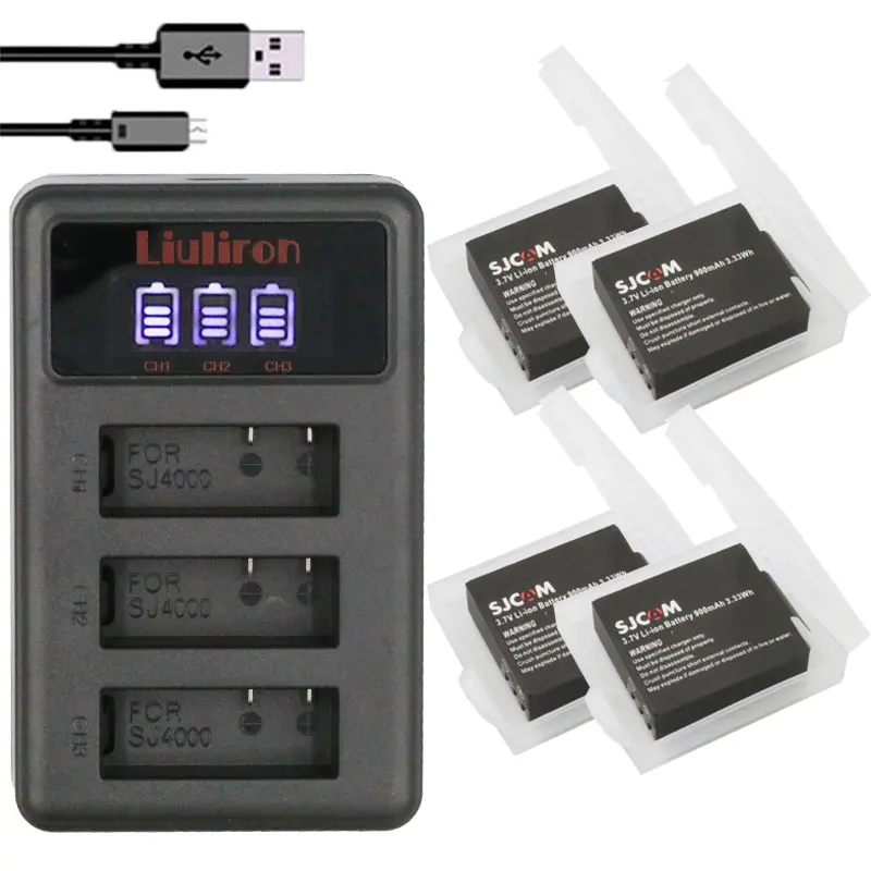 charger and 4battery 4 шт. Камера SJ4000 SJ5000 Батарея+ 3 лота ЖК-дисплей USB Зарядное устройство для спортивной экшн-камеры SJCAM SJ5000X SJ6000 SJ7000 SJ 4000 Wi-Fi M10 EKEN 4K H8 H9 - Цвет: charger and 4battery